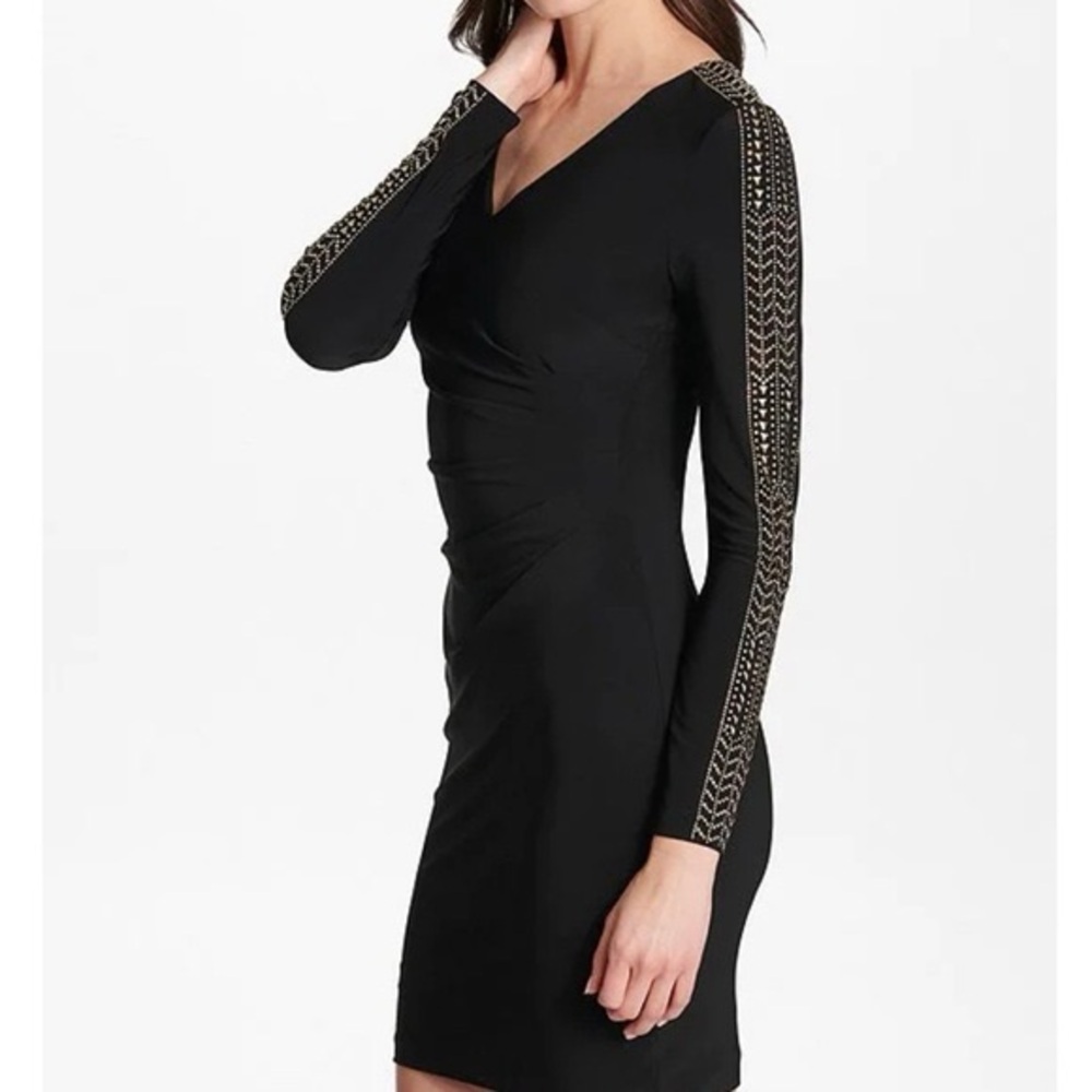 Guess Studded Sheath V-Neck Long Sleeves Black Women Short Formal Dress